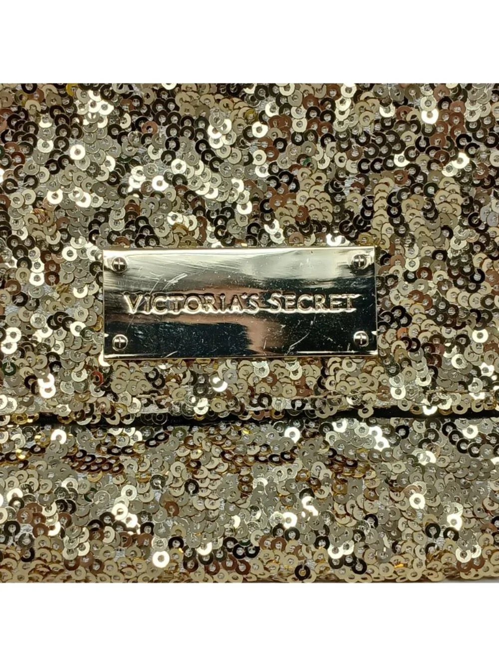 Victorias Secret Gold Sequin Clutch Fold-Over Closure & Zippered Pocket #D-25 - Picture 11 of 11